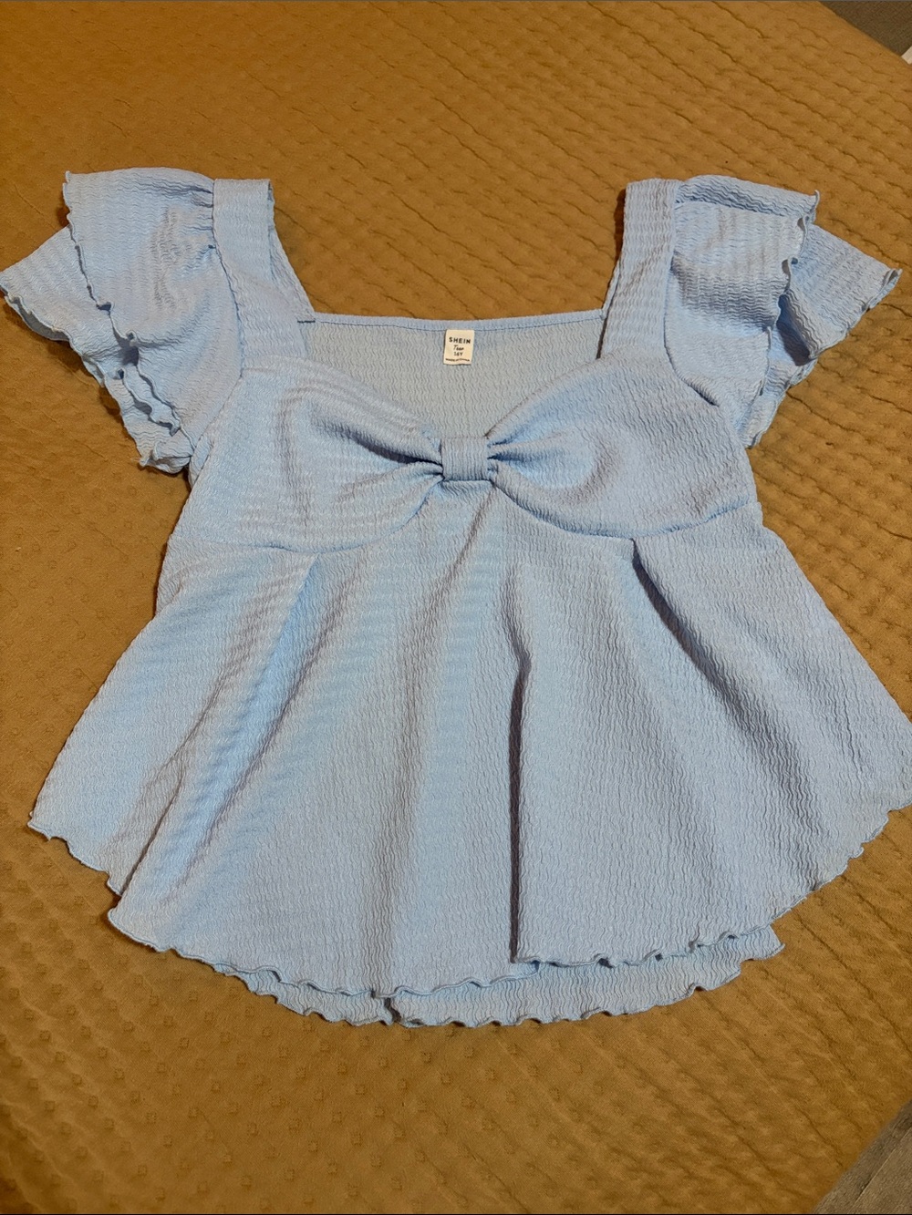 SHEIN Light Blue Bow-Front Ruffle Sleeve Crop Top
